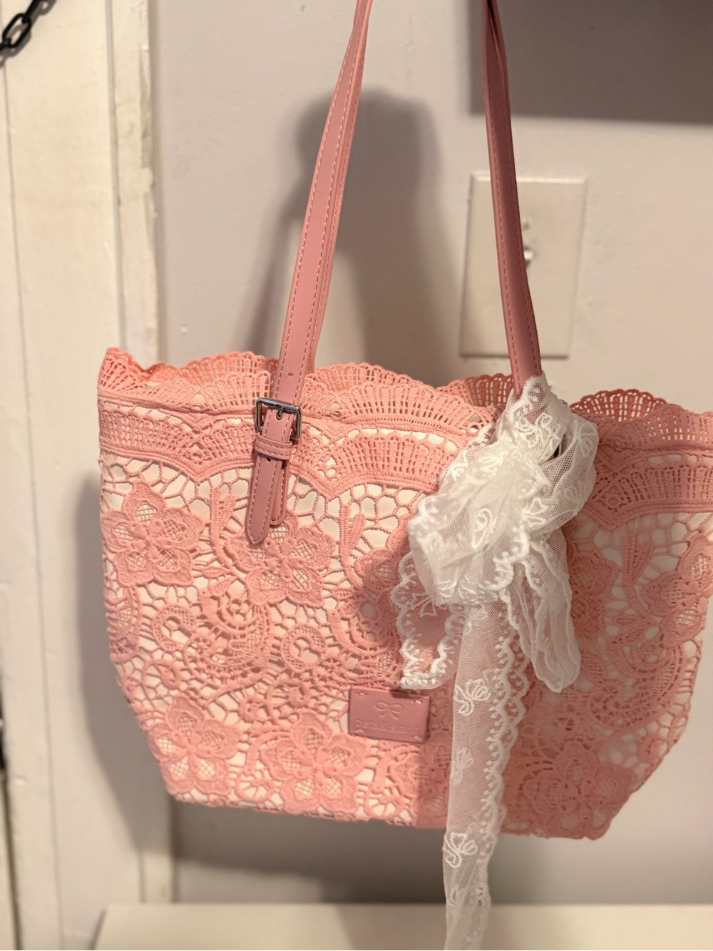 Lace-Overlay Pink Tote Bag with Bow Accent